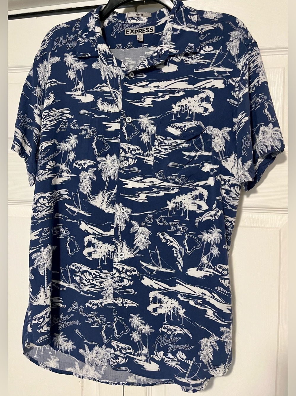 Express Men’s Hawaiian Print Blue/White Button Up Shirt, Size Large